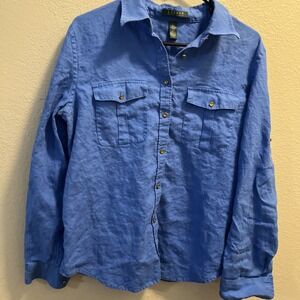 Lauren Ralph Lauren LRL Women Linen Button Up Shirt L Blue Nautical Flap Pocket